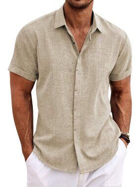 Men's Khaki Beach Linen Short Sleeve Casual Shirts Button Down